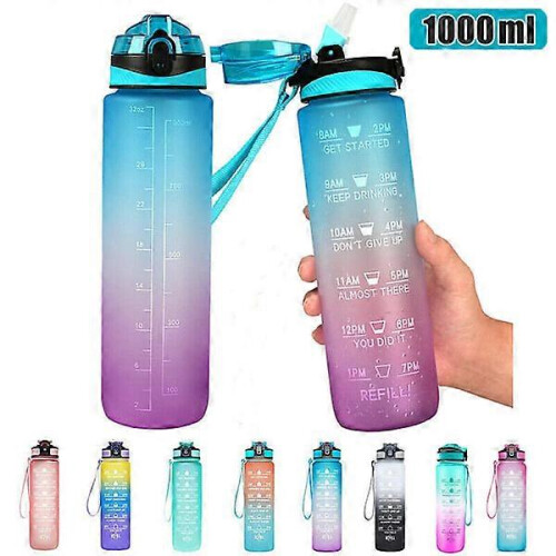 2-Pack-1-l-Wasserflasche mit Strohhalm und Timer Grün-Rosa 1