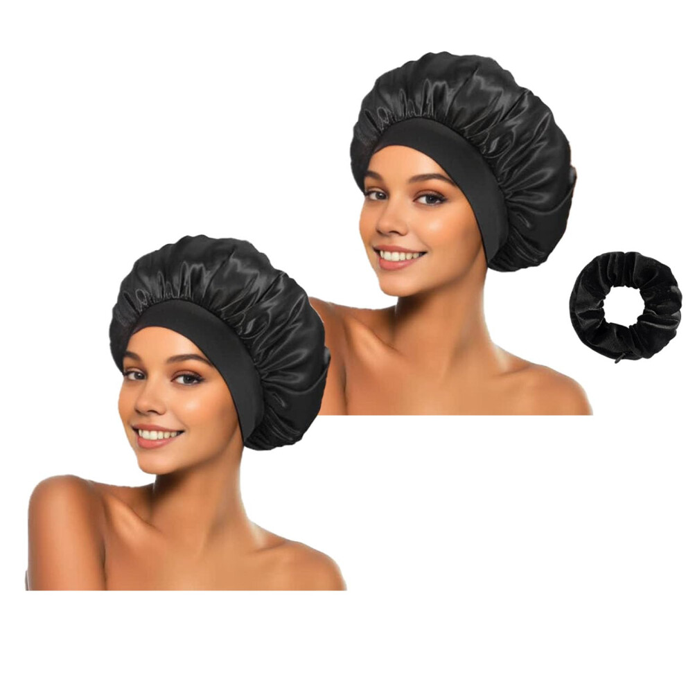 Black Silk Nightcap And Shower Cap Set For Women, Reusable Waterproof Satin Hair Caps With Elastic Fit,