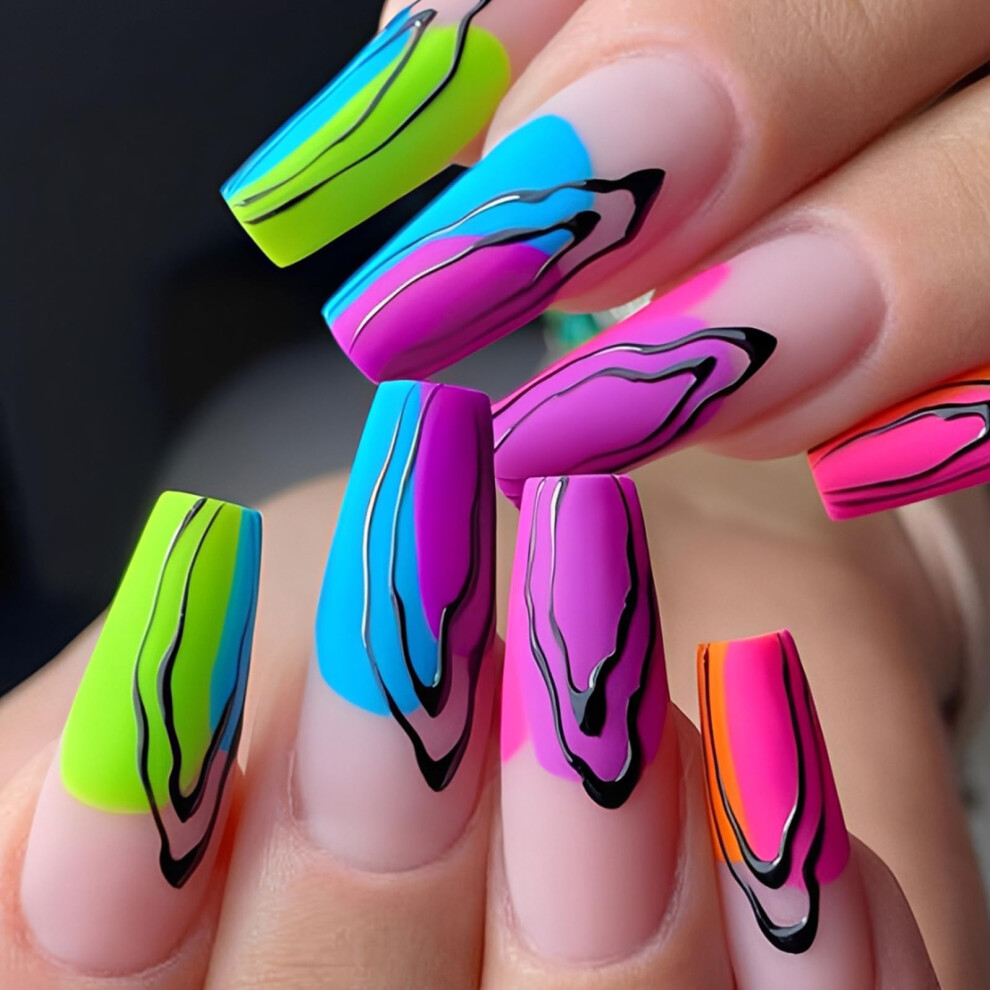 Neon Graffiti Long Coffin Press On Nails with UV Coating, 24pcs Reusable Set with Glue and File