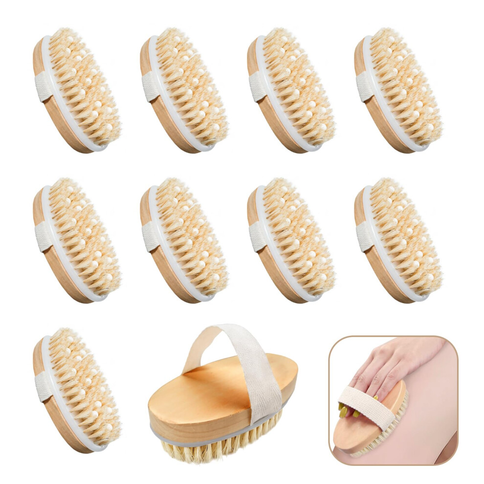 Dry Body Brush with Natural Bristles and Massage Nodules, Oval Wooden Exfoliating Brush Set with Hooks