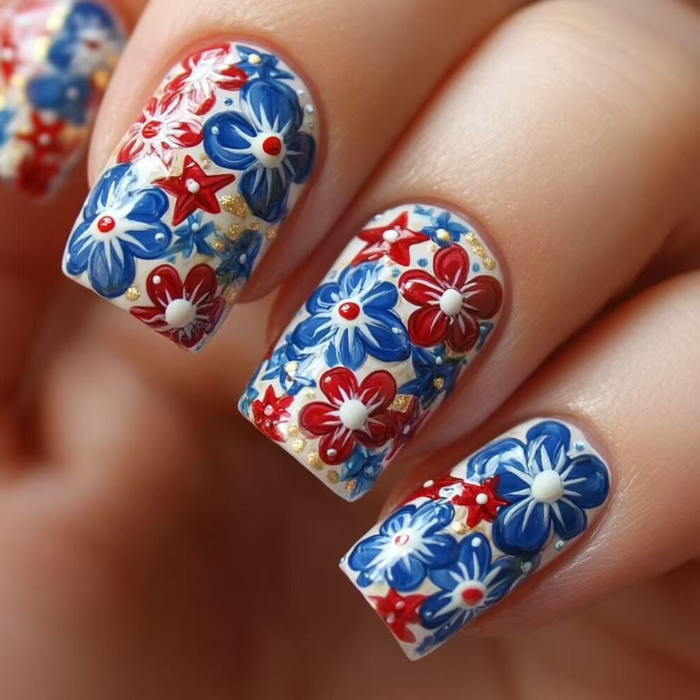 Blue,Red Fourth Of July Press On Nails Patriotic Square Fake Nails Red Blue Floral Reusable Nail Tips