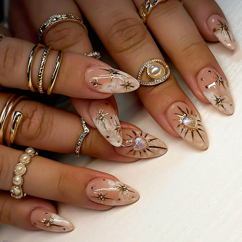 Glossy Almond Press On Nails Set, 24pcs Acrylic Gel Fake Nails with Glue, Multiple Sizes