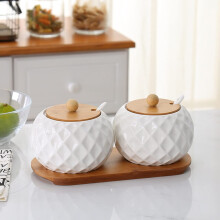 Ceramic Sugar Bowl with Wooden Lid and Spoon, DustProof Kitchen Counter Storage Jar
