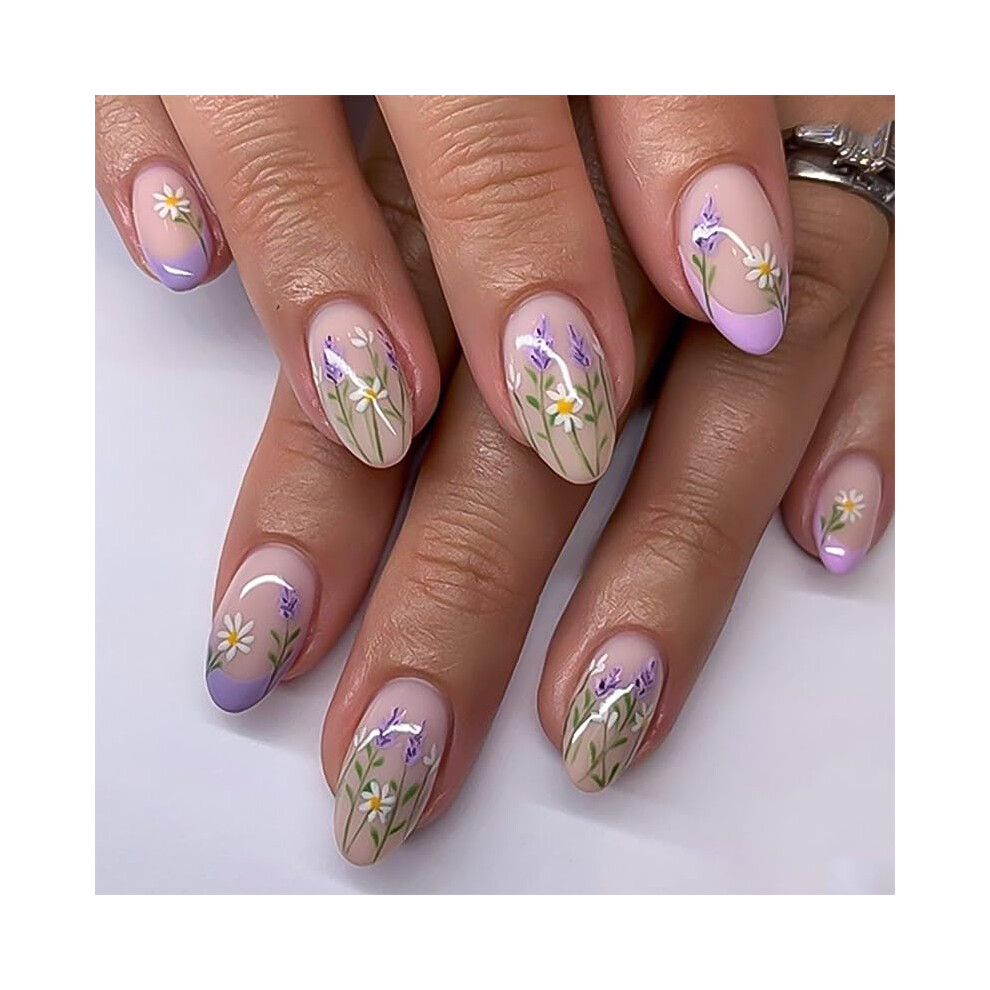 Lavender Short Almond Press On Nails Glossy Soft Gel Floral Fake Nails Reusable Salon Style 24Pcs