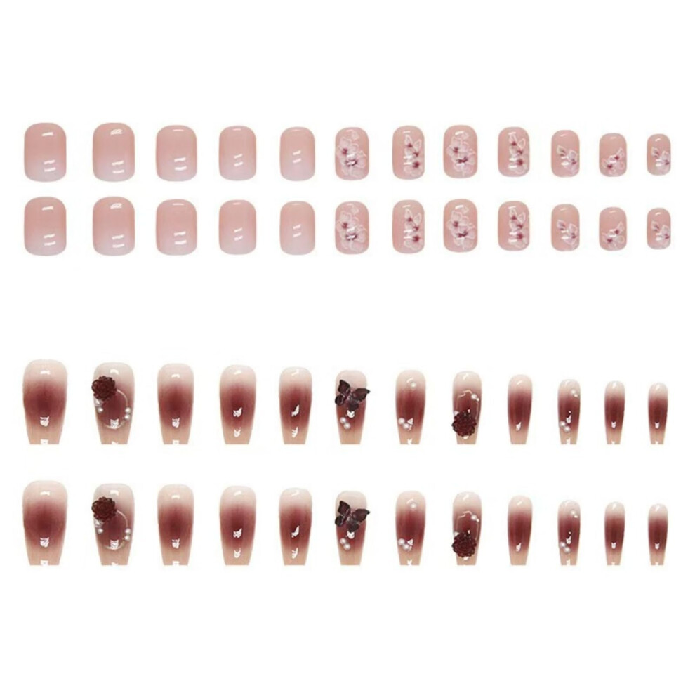 3D Press On Nails Medium Coffin Aurora Butterfly with Glitter Gradient and Short Square Ombre Nude Pink Acrylic False Nails