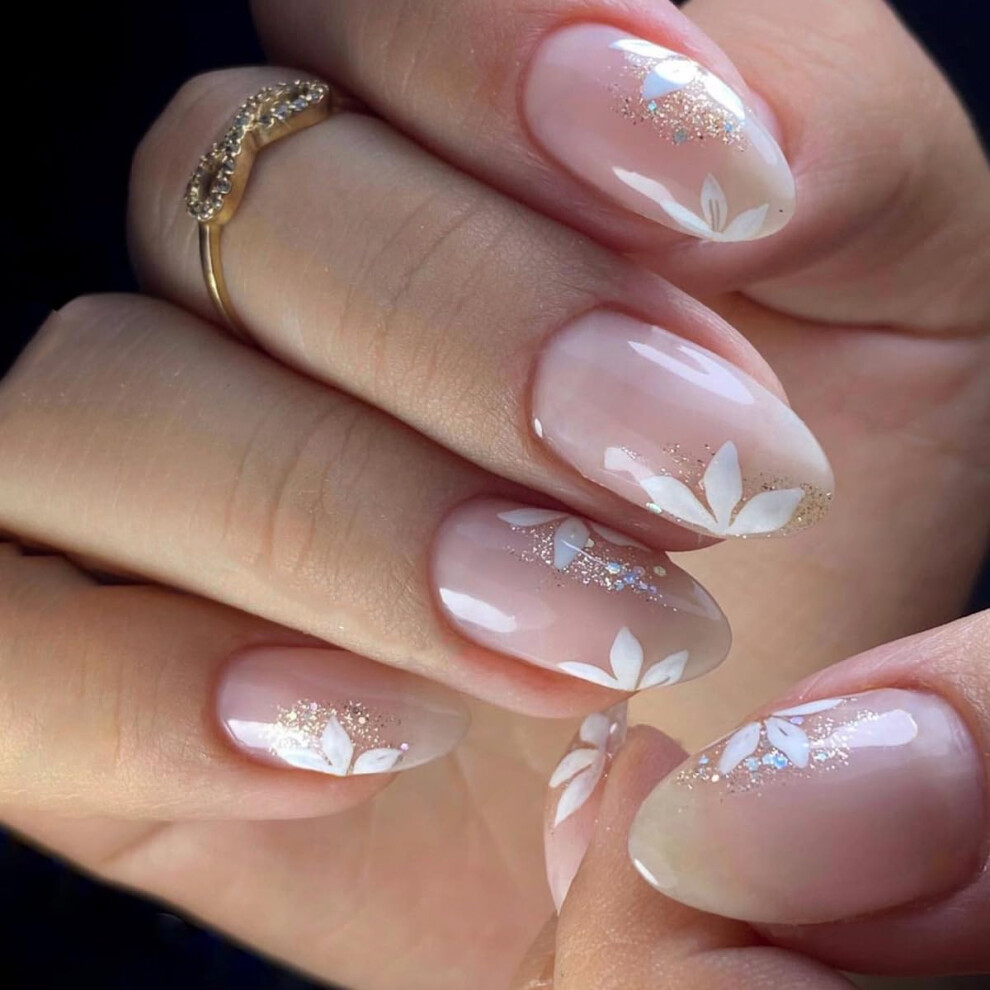 Almond Press On Nails with Glue, Cherry Blossom Glossy Fake Nails, Long Lasting Full Cover Set