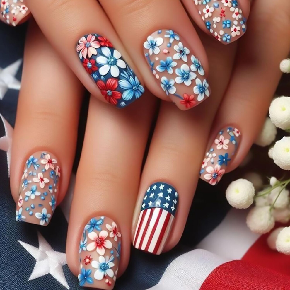 Blue,White,Red Fourth Of July Press On Nails With American Flag Design, 24Pcs Red White Blue Patriotic Fake Nails