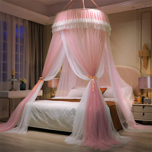 Mosquito Net for Bed Double Layer Lace Dome Canopy 360 Full Coverage for Single Double Pink White