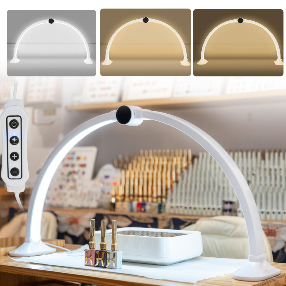 Light Half Moon Nail Desk Lamp 28 Inch Led With Phone Stand, Dimmable 3 Color Adjustable For Manicure, Tattoo, Salon