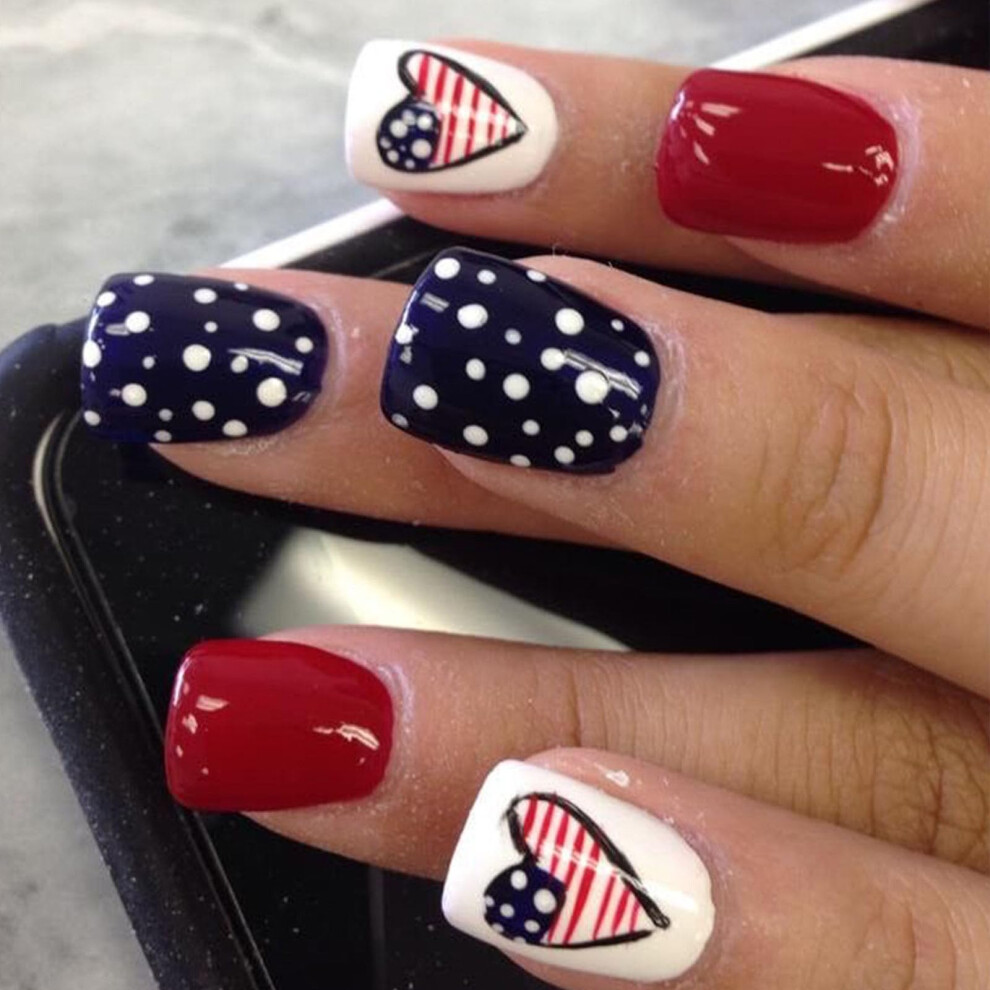 Red Fourth Of July Press On Nails Short Fake Nails With American Flag Heart Design 24Pcs