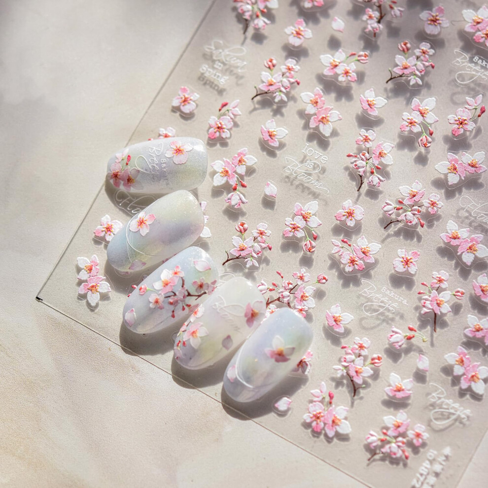Pink 5D Embossed Flower Nail Stickers Cherry Blossom Selfadhesive Floral Art For Spring Summer Nails