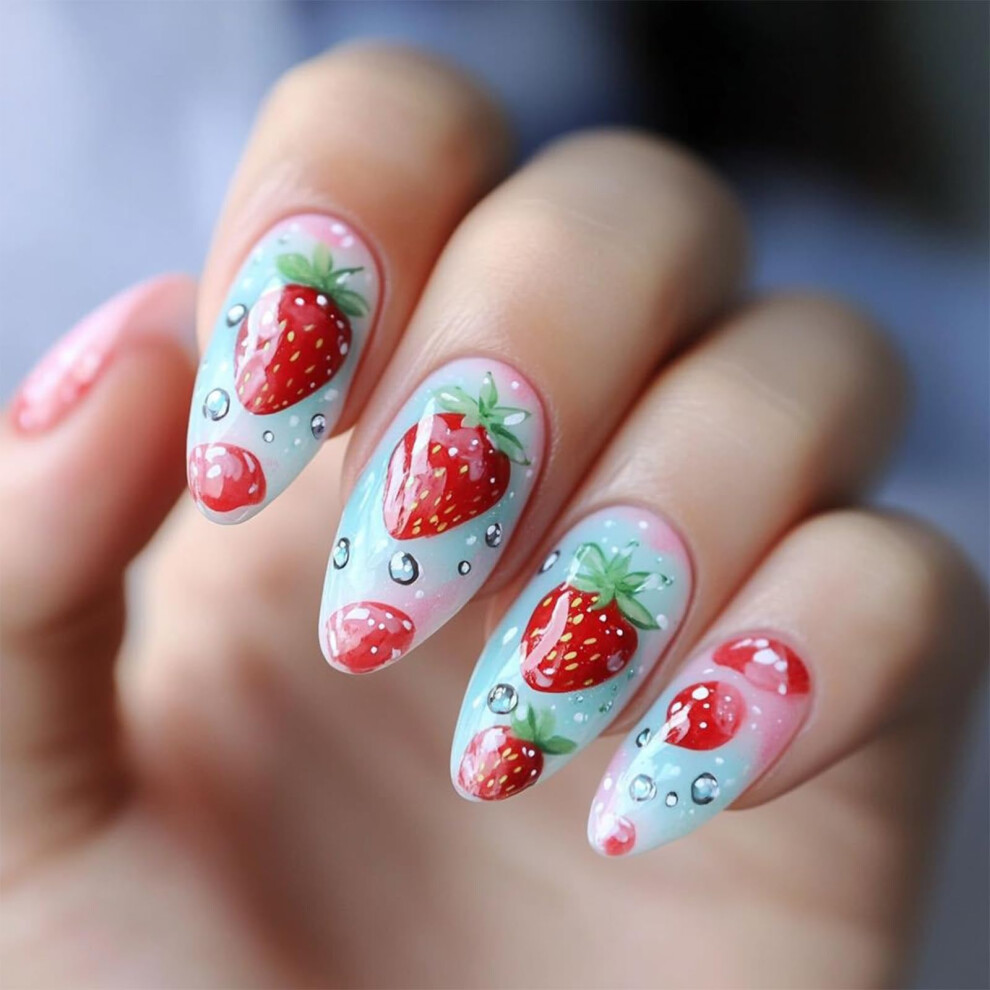 Blue Almond Press On Nails Gradient With Cute Strawberry Design Reusable Acrylic Fake Nails Set 24Pcs