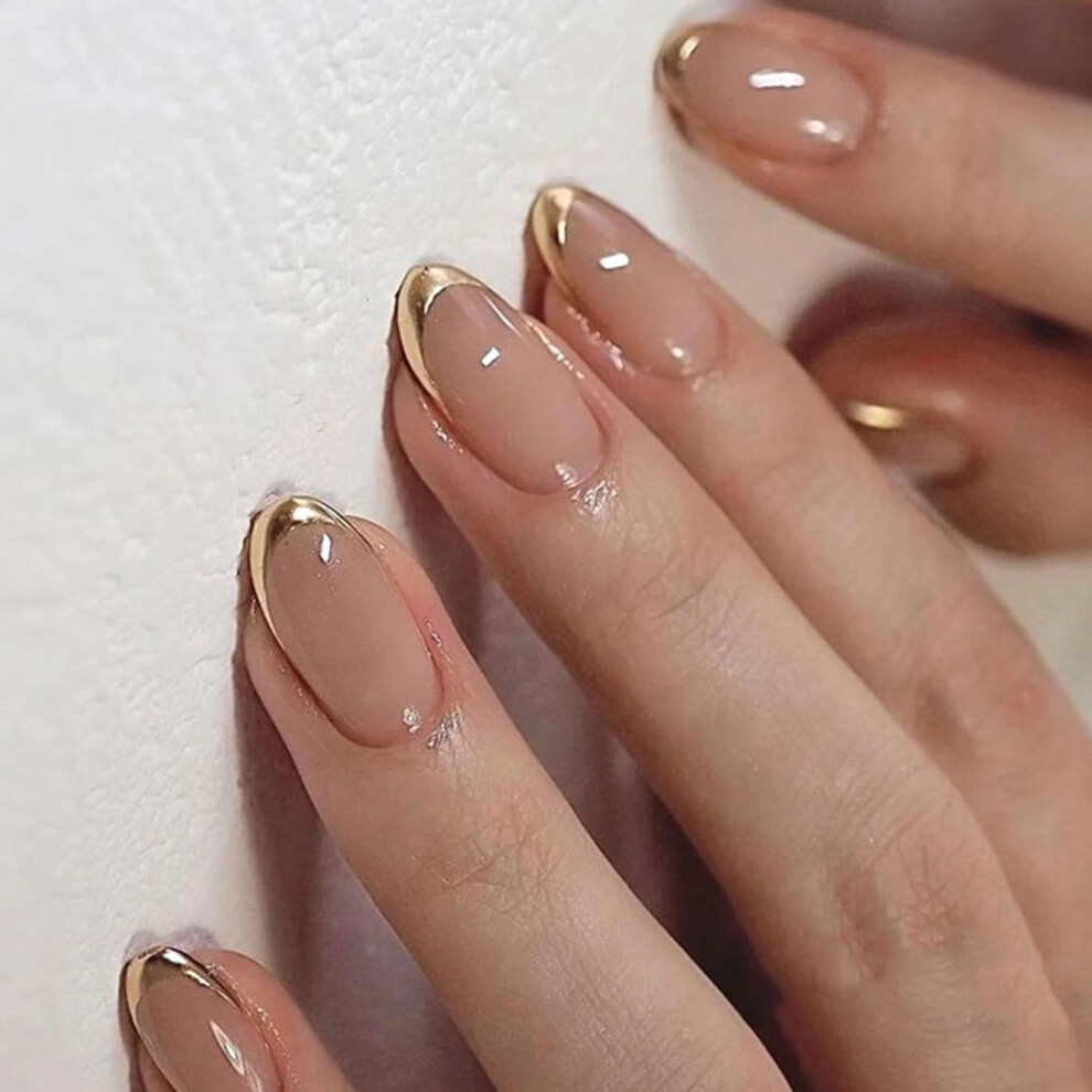 Gold French Tip Press on Nails Almond Nude Acrylic False Nails Reusable Set for Women 24pcs