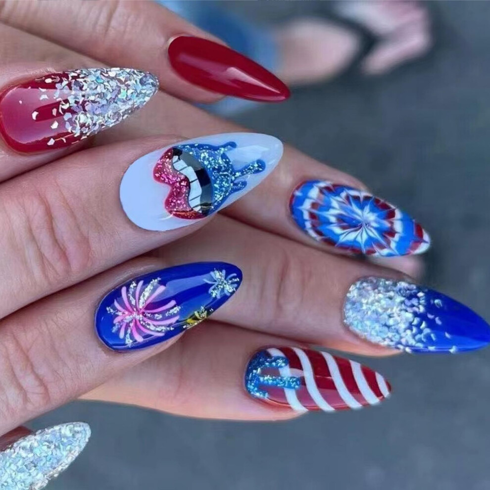 Blue,Red Independence Day Almond Press On Nails With French Tips, Red Blue Glitter, Glossy Artificial Set