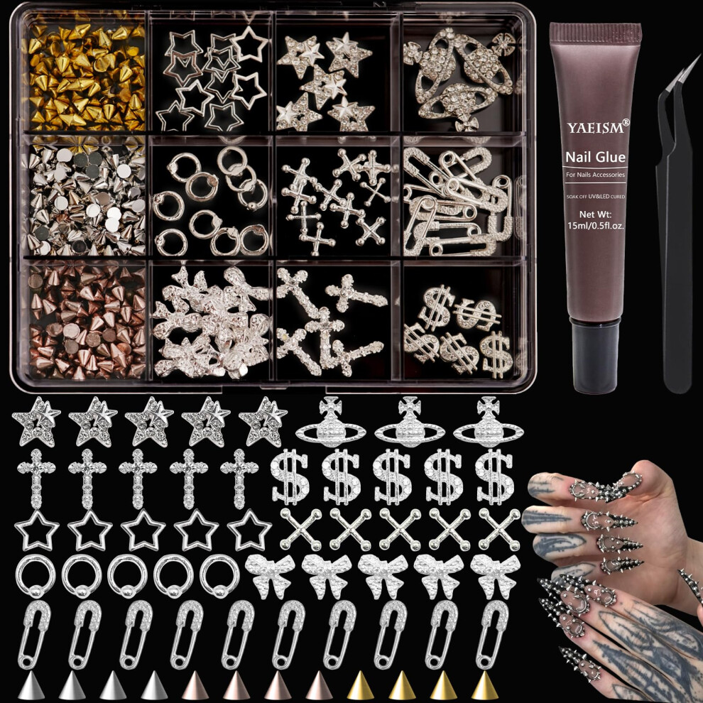 Silver Nail Charms Kit 380Pcs 3D Nail Art Studs Spikes With Glue And Tweezer 12Grid Set