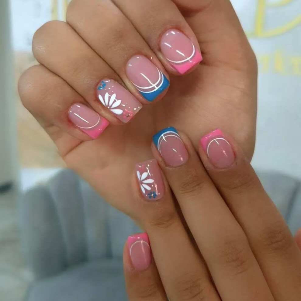 Pink Short Square Press on Nails with French Tip and Rhinestones, Reusable Fake Nails Set with Glue