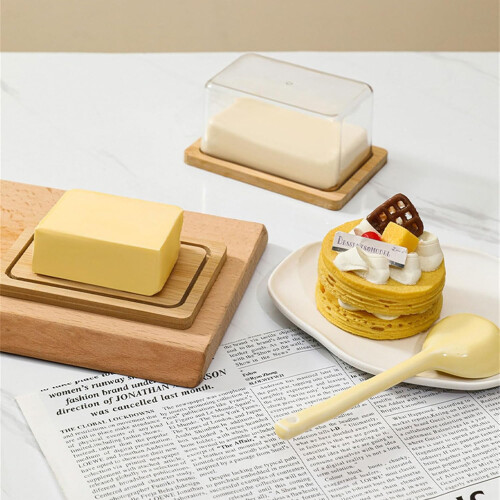 Butter Dish with Bamboo Lid, Rectangular Cheese Storage Box Keeps Food Fresh, Clear Protective Cover 1
