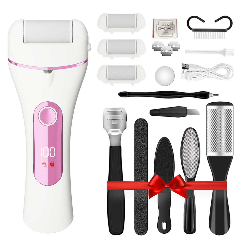 Electric Foot File Callus Remover with 3 Rollers, Dual Speed, Rechargeable, Waterproof Pink
