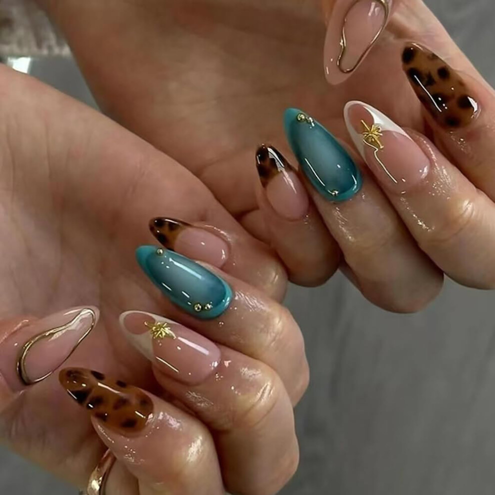Leopard Print Almond Press On Nails Medium Length Fake Nails with Glossy Finish 30pcs Nail Kit