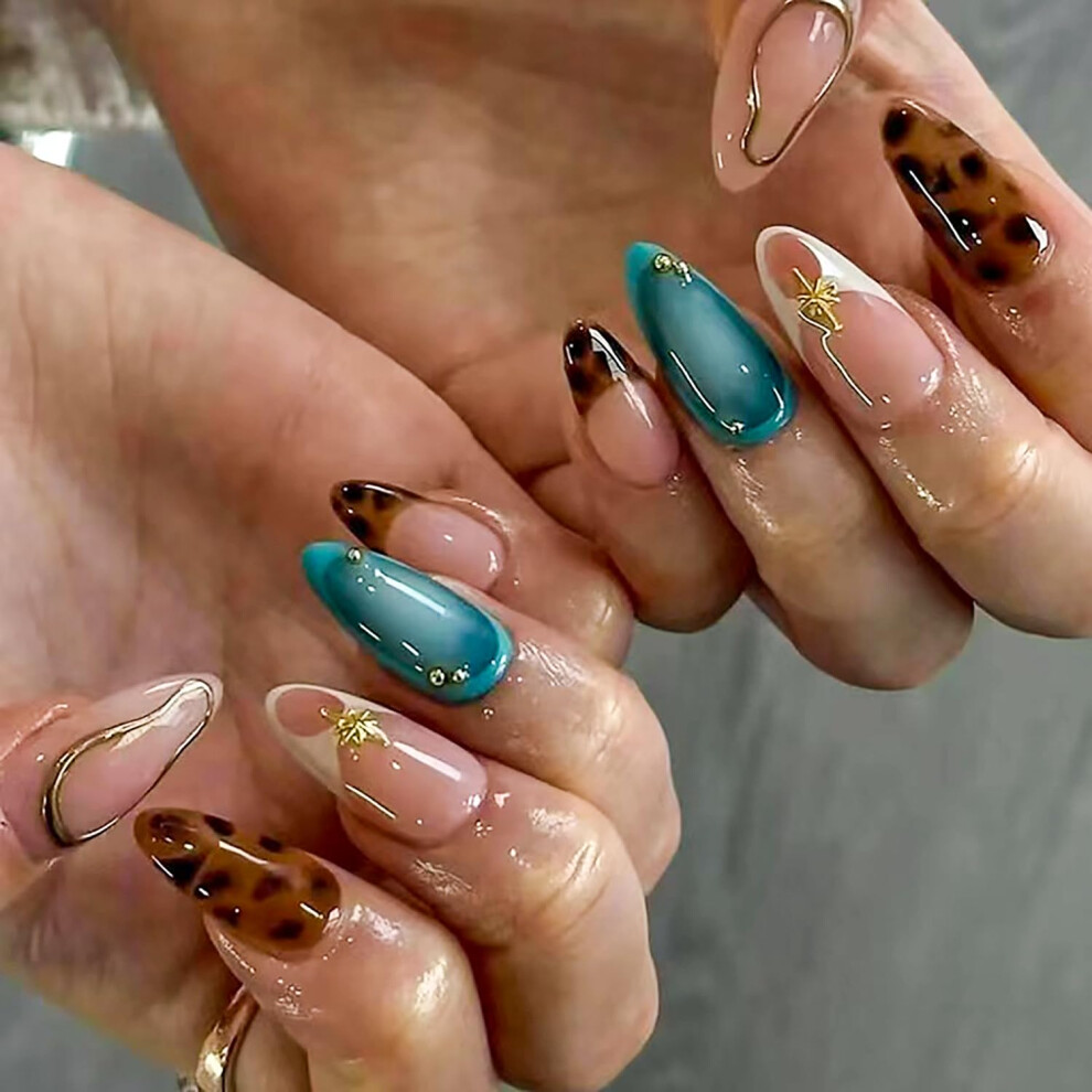 24PCS Almond Shape Press On Nails with Glue, French Tip Leopard Print Soft Gel Reusable Set