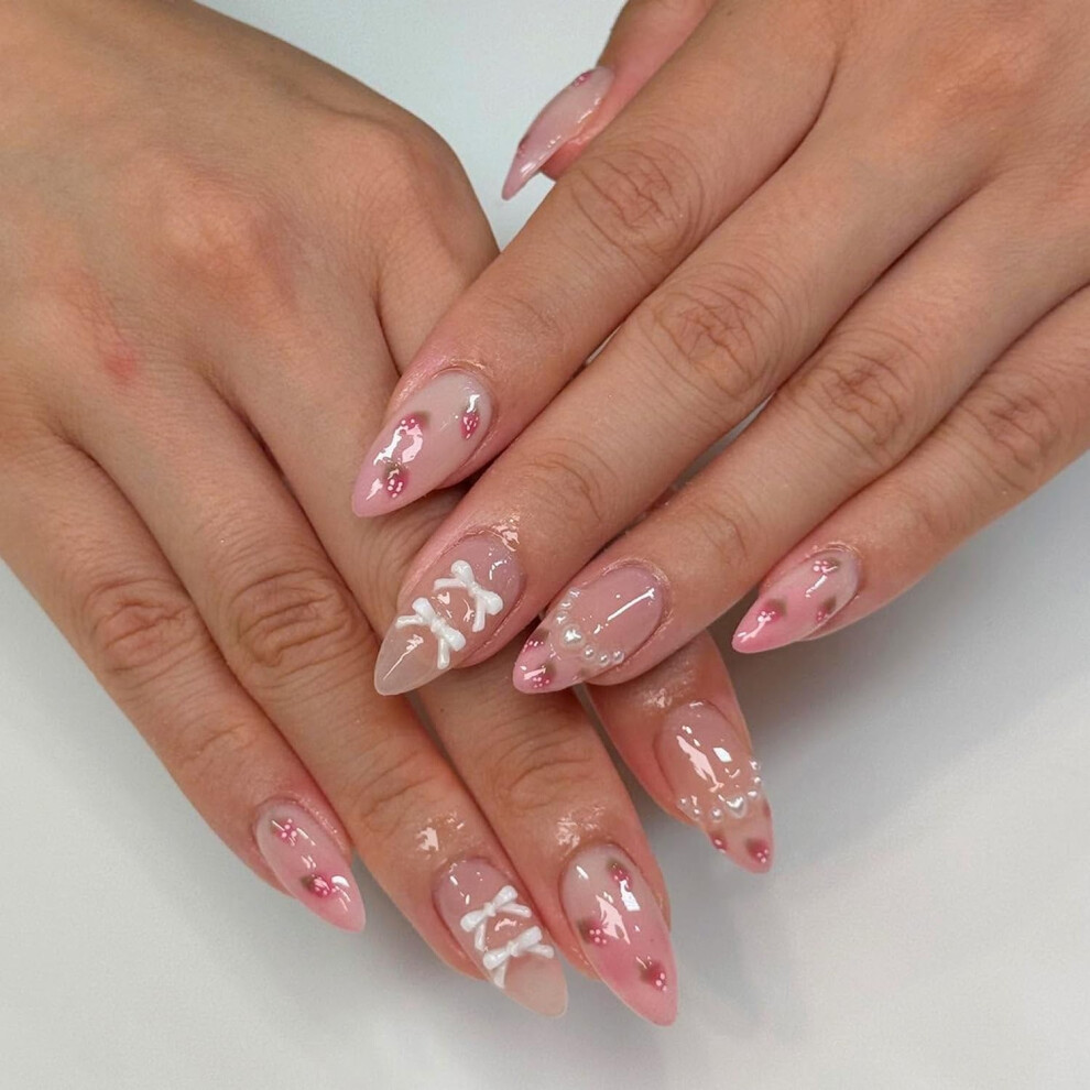 Pink Almond Press On Nails Glossy Gradient Fake Nails With Strawberry Design Reusable 24Pcs Set