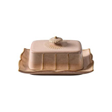 Vintage Ceramic Butter Dish with Lid, French Style Cow Design, Khaki Countertop Storage Box