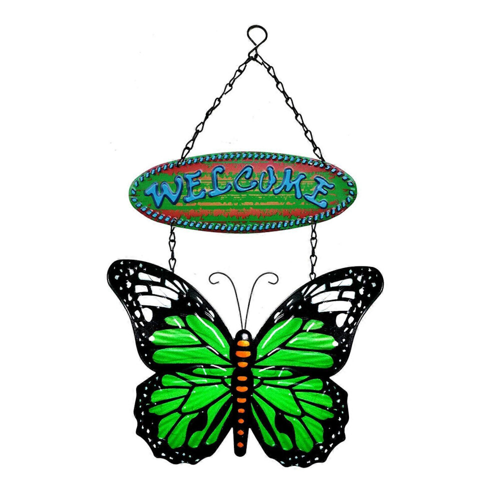 (As Show, Green) Wrought Iron For Butterfly Welcome Sign Hanging Ornament Metal Wall Art Decor 5213747813184