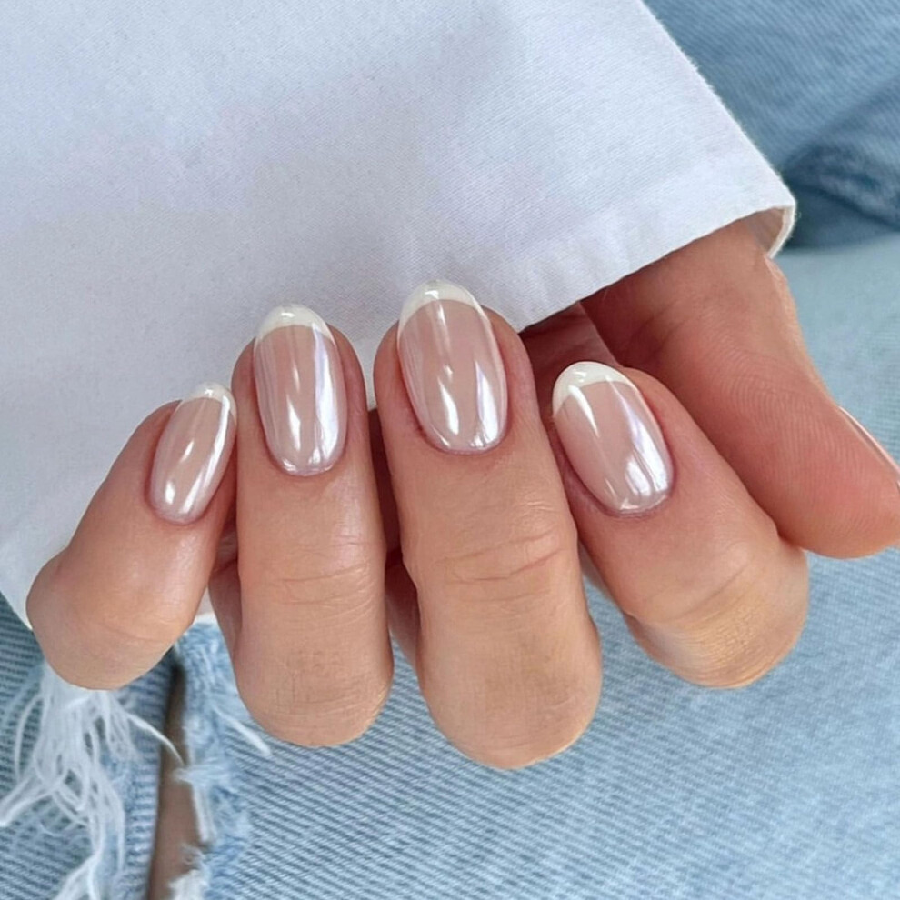 White,Cream White French Tip Chrome Press On Nails Short Nude Glossy Fake Nails Reusable Set 30Pcs
