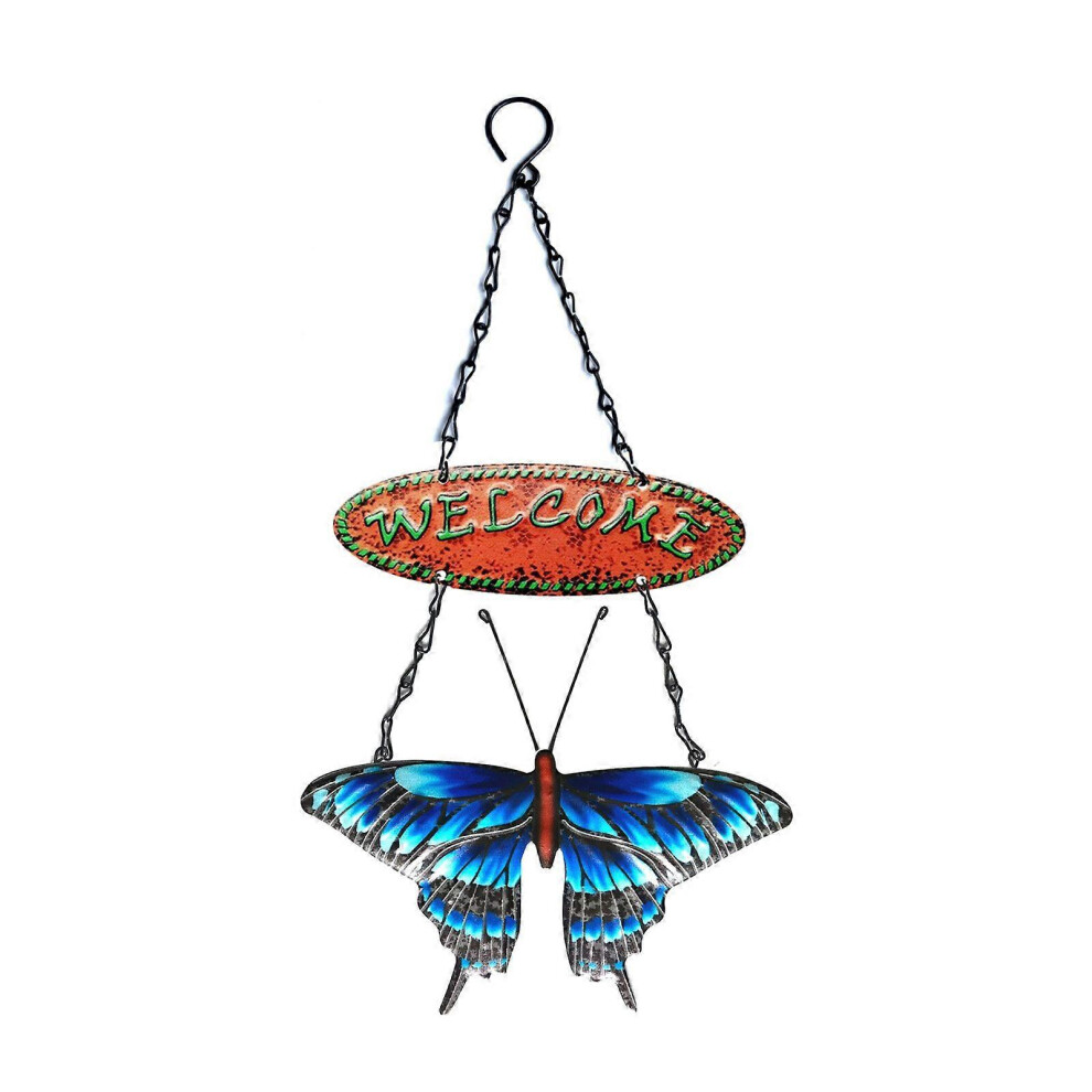 (As Show, Blue) Wrought Iron For Butterfly Shape Welcome Sign Wall Hanging Ornament Crafts 3242242655557