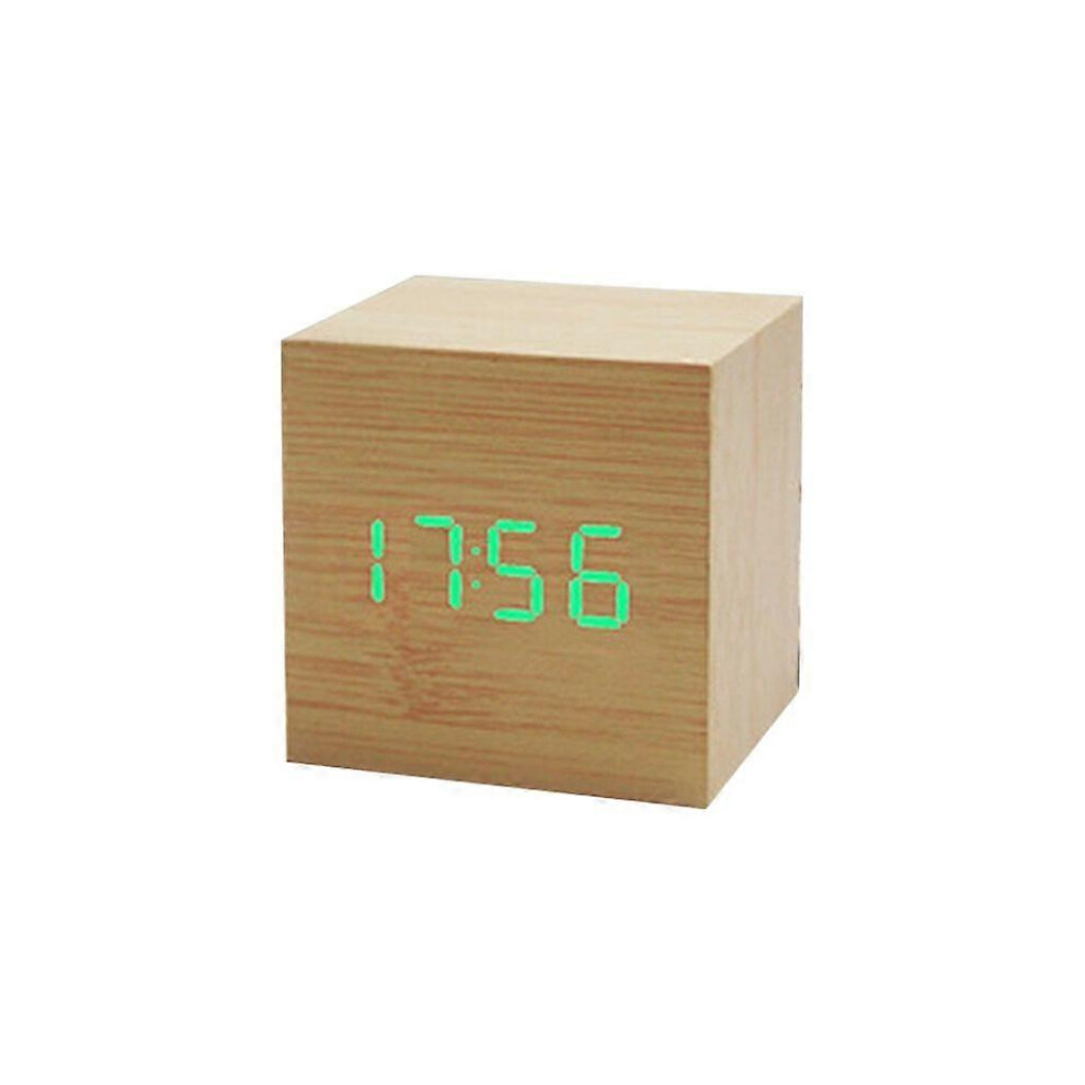 (As Show, 7) Wood Cube Voice Control Led Alarm Clock Home Bedroom Dormitory 5213747806506