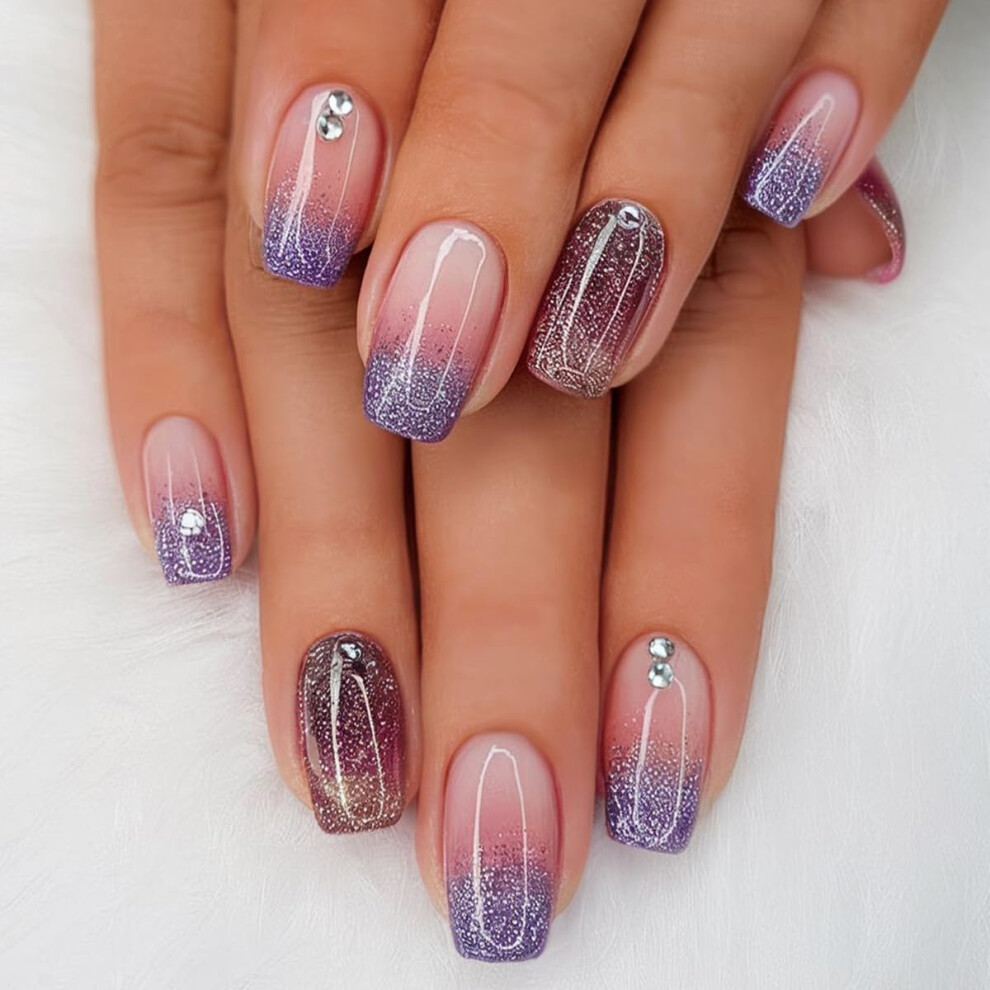 Purple Ombre Press On Nails Short Square With Glitter Rhinestones, 24Pcs Acrylic Fake Nail Kit