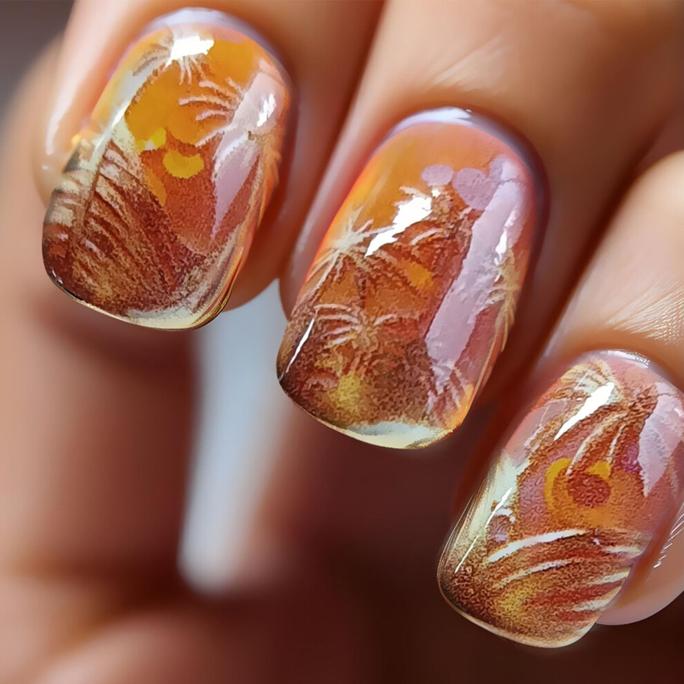 Short Square Yellow Press On Nails with Coconut Tree Design, Glossy Acrylic Fake Nails, 24 Pcs