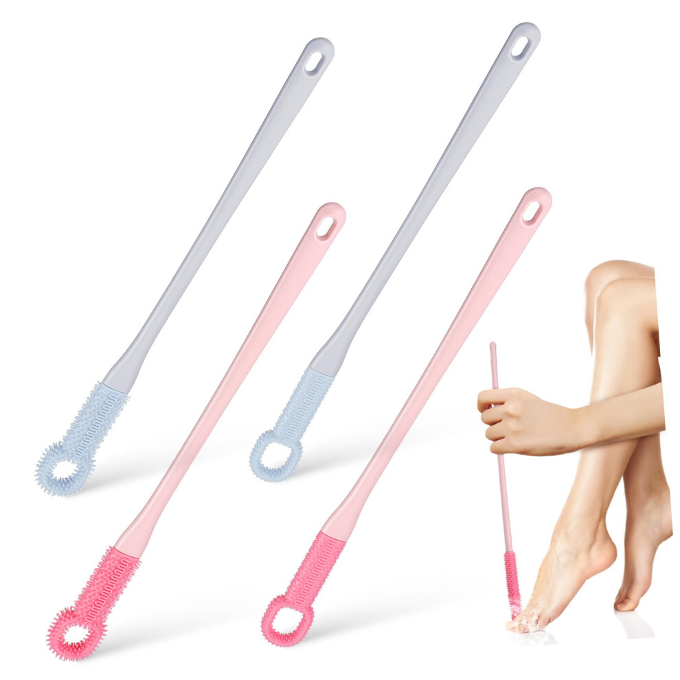 4Piece Long Handle Foot Scrubber Set with Toe Gap Cleaning Brush for Shower and Pedicure Care