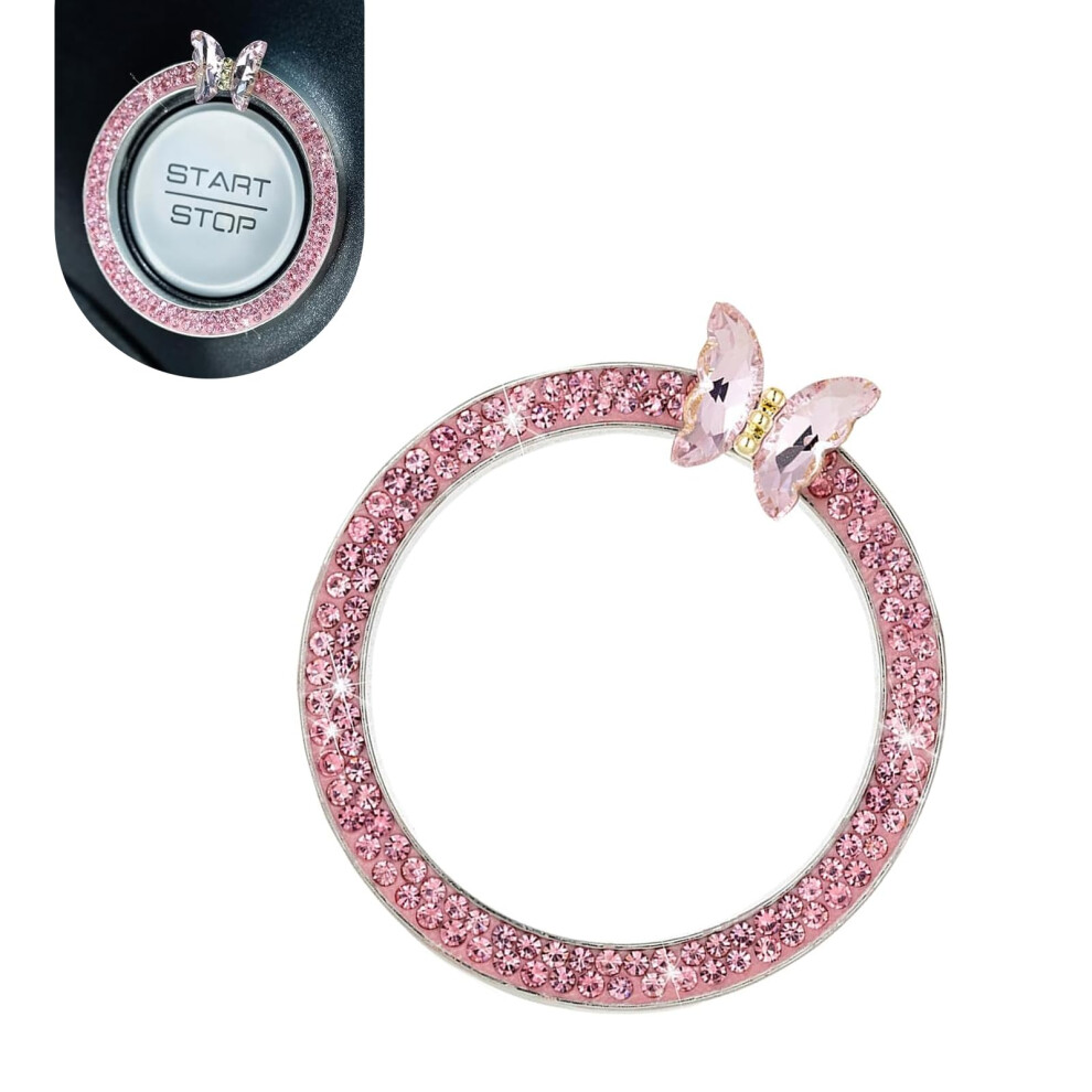 Car Start Button Cover With Sparkling Butterfly Accent, Rhinestone Bling Push Start Decoration Pink 9070919472558