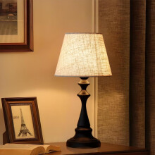 Black Bedside Table Lamp with Linen Shade, Adjustable Brightness, Vintage Metal Base for Bedroom