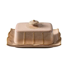 Ceramic Butter Dish with Wooden Base, Heart Shaped Butter Keeper with Lid for Kitchen Decor