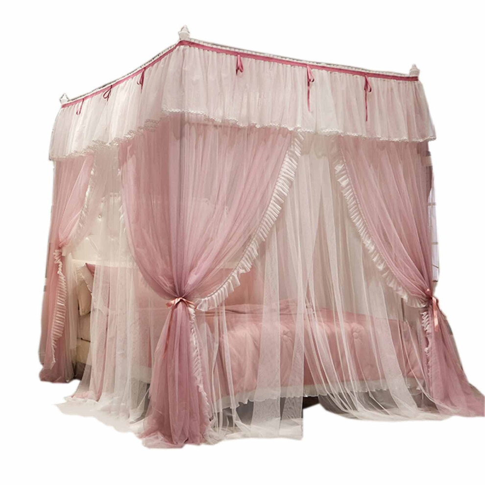 Bed Canopy With Mosquito Net, Lace Princess Style, 360 Enclosure, Threedoor King Size Pink