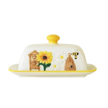 Butter Dish with Lid Square Embossed Ceramic Butter Keeper for Counter or Fridge, Keeps Butter Fresh