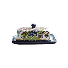 Butter Dish Ceramic Butter Keeper with Airtight Lid and Floral Pattern for Countertop or Fridge