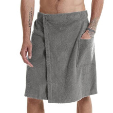 Men's Bath Towel Wrap with Adjustable, Soft Coral Fleece, Pocket, Spa Sauna Shower Use, Grey