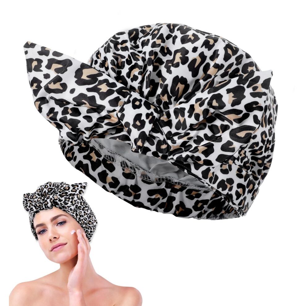 Luxury Leopard Print Waterproof Shower Cap for Women, Satin Lined, Adjustable for Long Hair