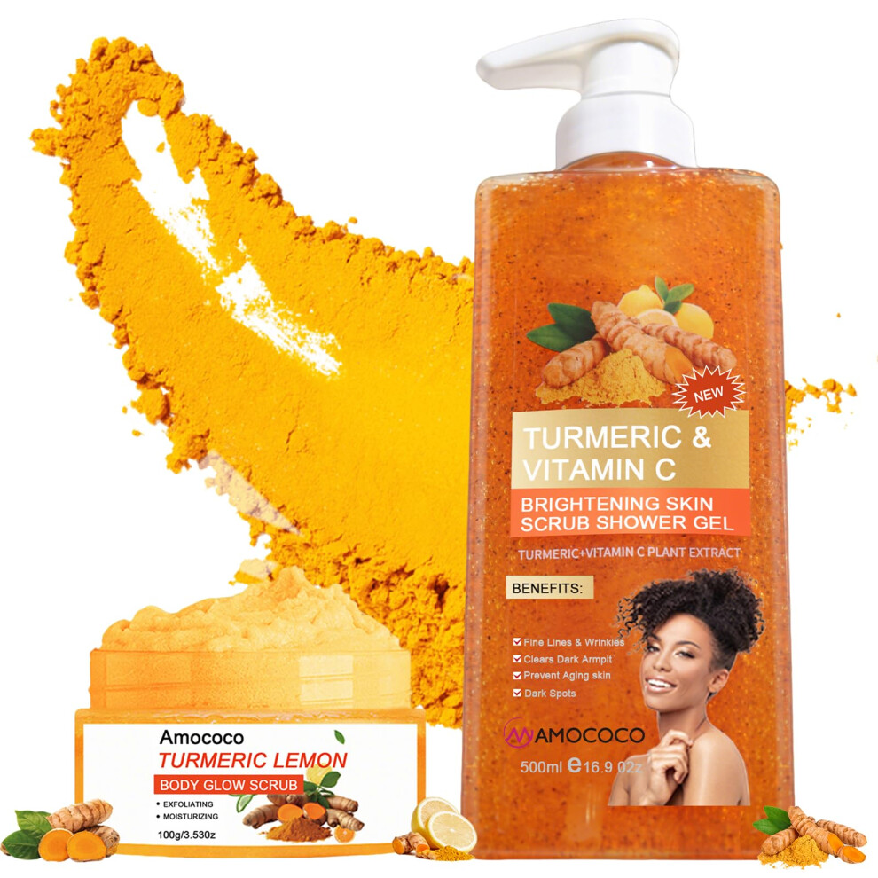 Turmeric Body Scrub and Lemon Shower Gel Set with Aloe Vera for Gentle Cleansing and Exfoliation