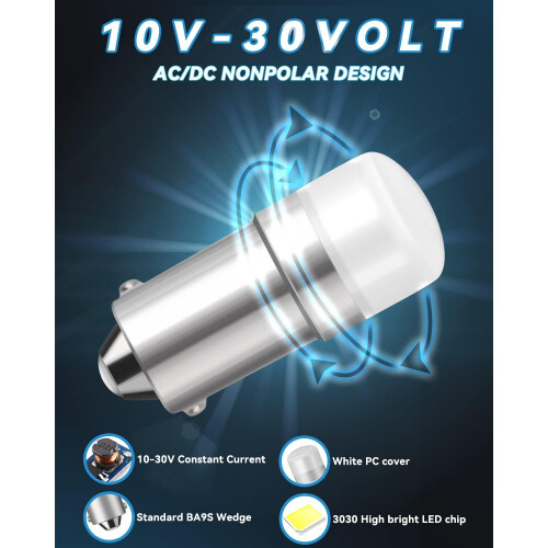 BA9S LED Bulb 1030V AC/DC Warm White Indicator Light for Train Panel and House Number 2 Pack 2