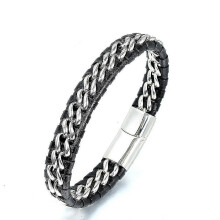 Schwarzes Lederarmband für Jungen mit silbernem Edelstahl-Magnetverschluss