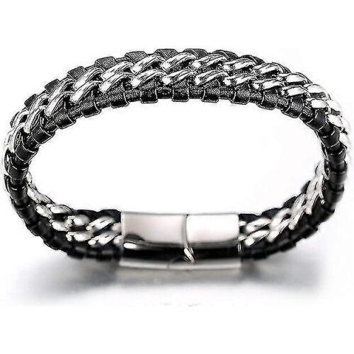 Sort læderarmbånd til drenge med sølv rustfrit stål magnetspænde 2