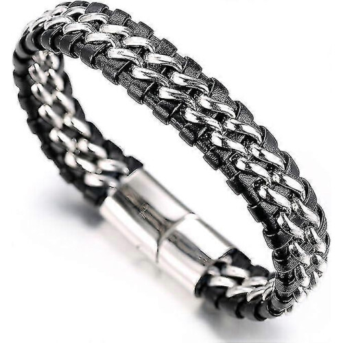 Sort læderarmbånd til drenge med sølv rustfrit stål magnetspænde 1