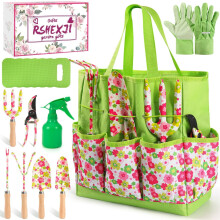 Garden Tool Set 10Piece Floral Pattern Gardening Tools for Women with Ergonomic Comfort Grip and Tote Bag