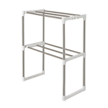 Kitchen Storage Rack Stainless Steel Microwave Oven Shelf Adjustable DualLayer with Side Hooks