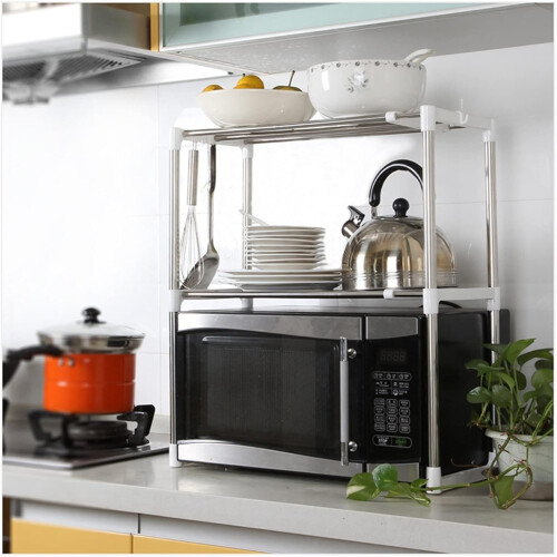 Kitchen Storage Rack Stainless Steel Microwave Oven Shelf Adjustable DualLayer with Side Hooks 2