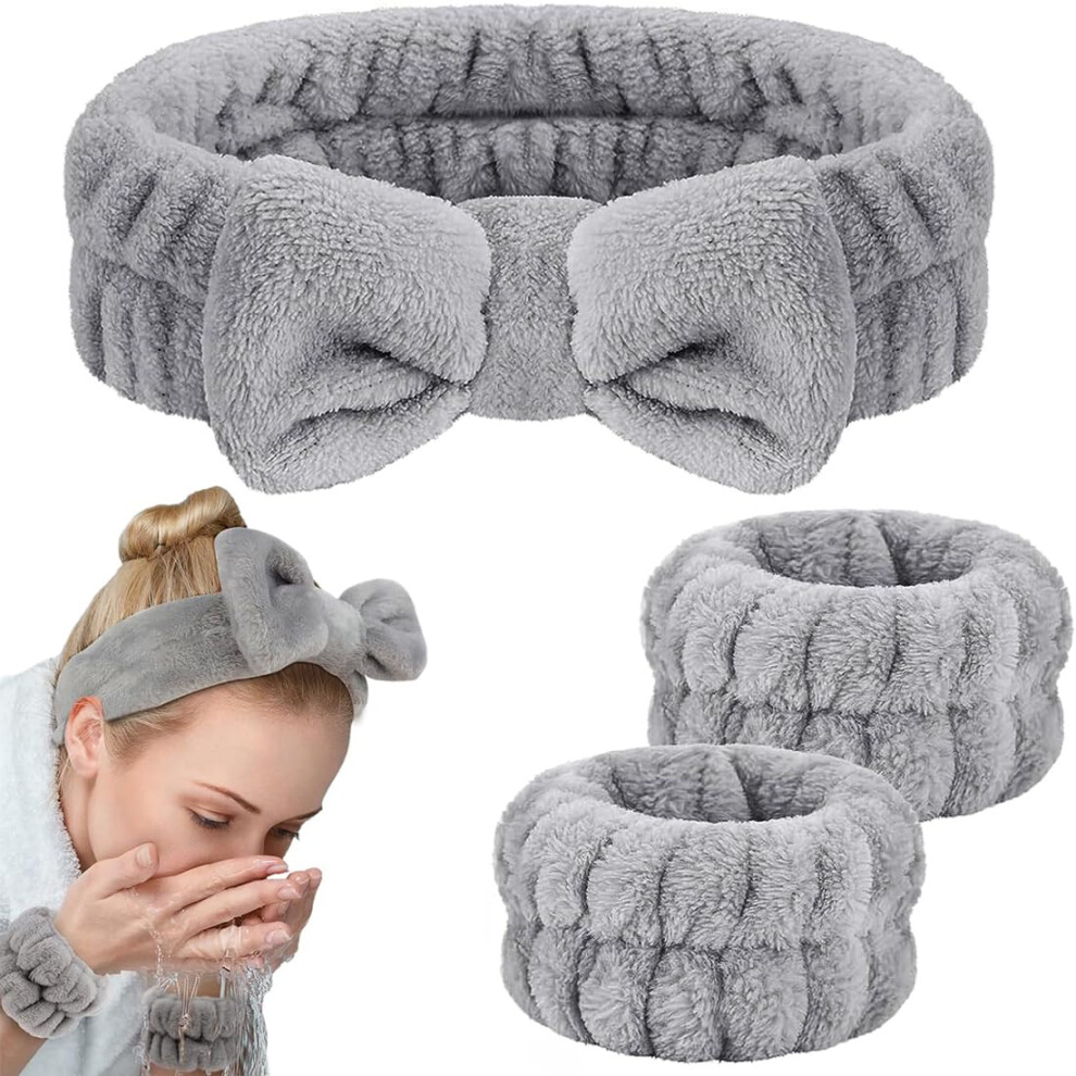 Coral/Grey Spa Headband Set With Microfiber Facial Band And Wristbands, Quickdry Fleece,